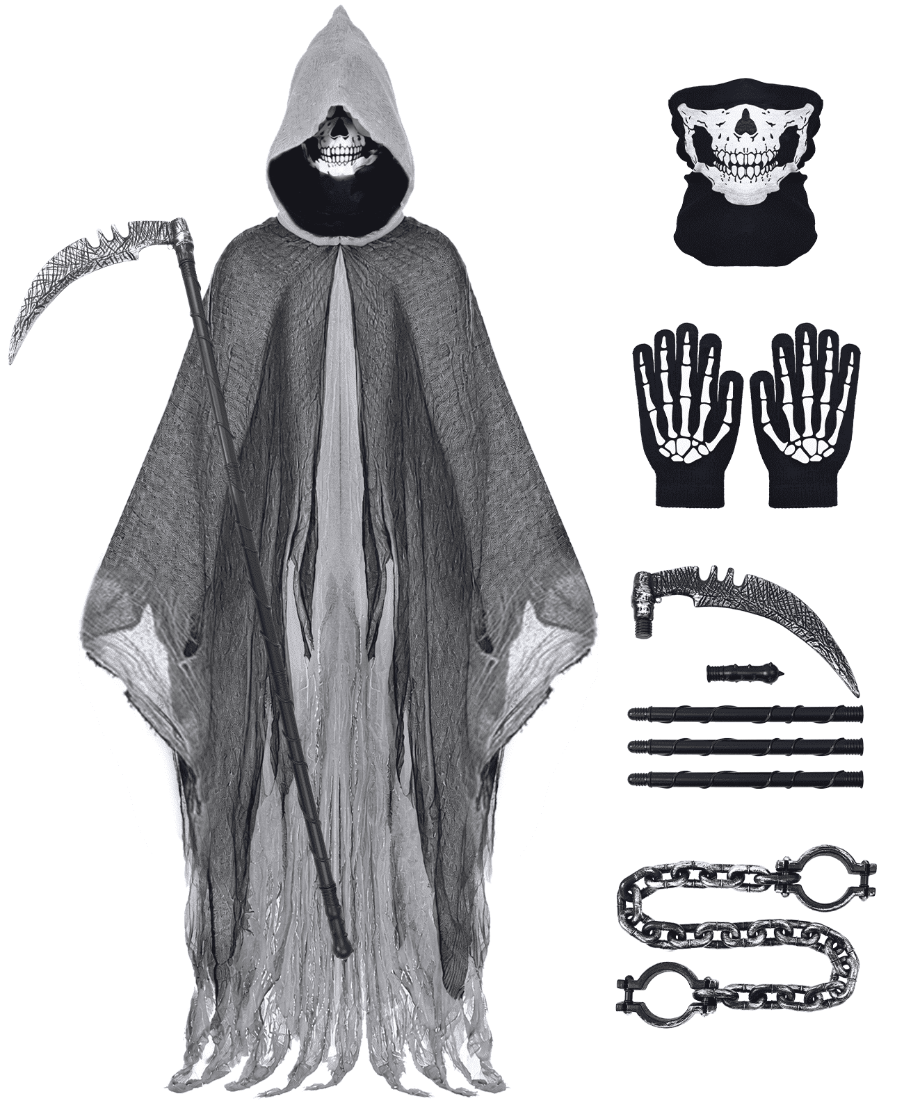 MecTo Halloween Grim Reaper Costume Adults, Scary Hooded Cloak with Skull Mask, Scythe, Gloves, Chain Cuffs
