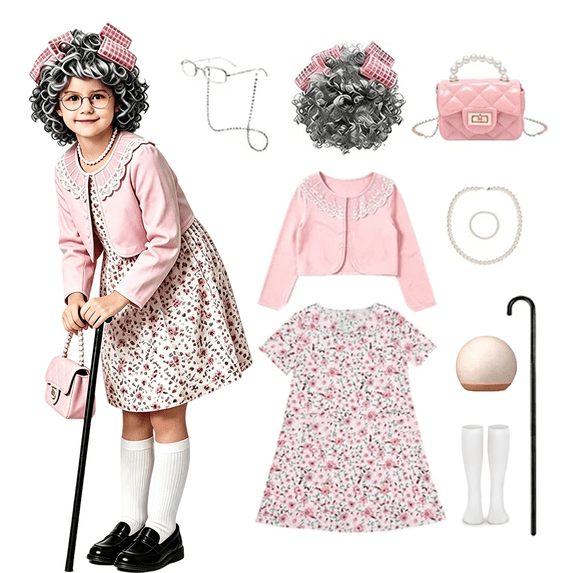 Gingprous Old Lady Dress Up for Kids, 100th Day School Granny Wig Accessories Outfit