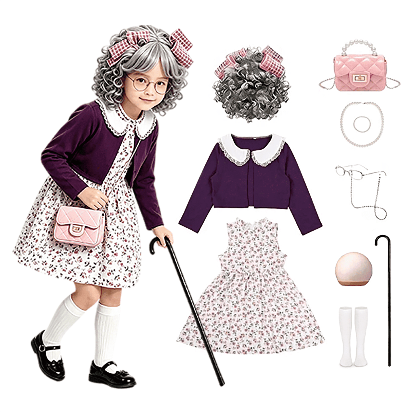 Gingprous Old Lady Dress Up for Kids, 100th Day School Granny Wig Accessories Outfit