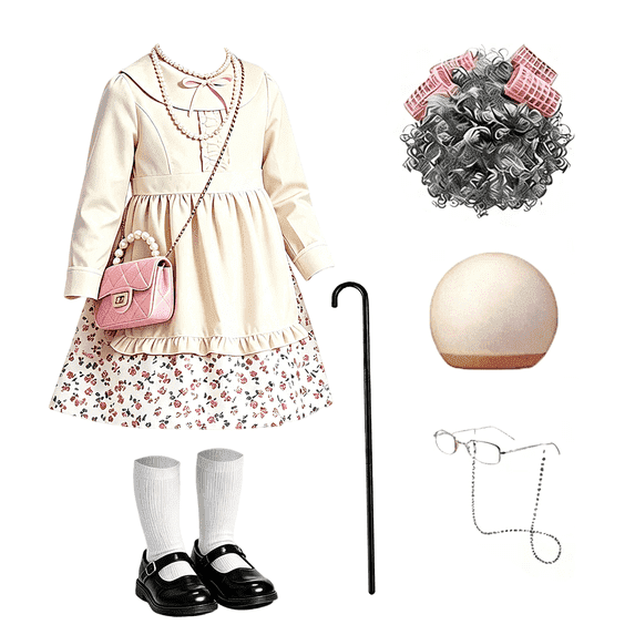 Gingprous Old Lady Dress Up for Kids, 100th Day School Granny Wig Accessories Outfit