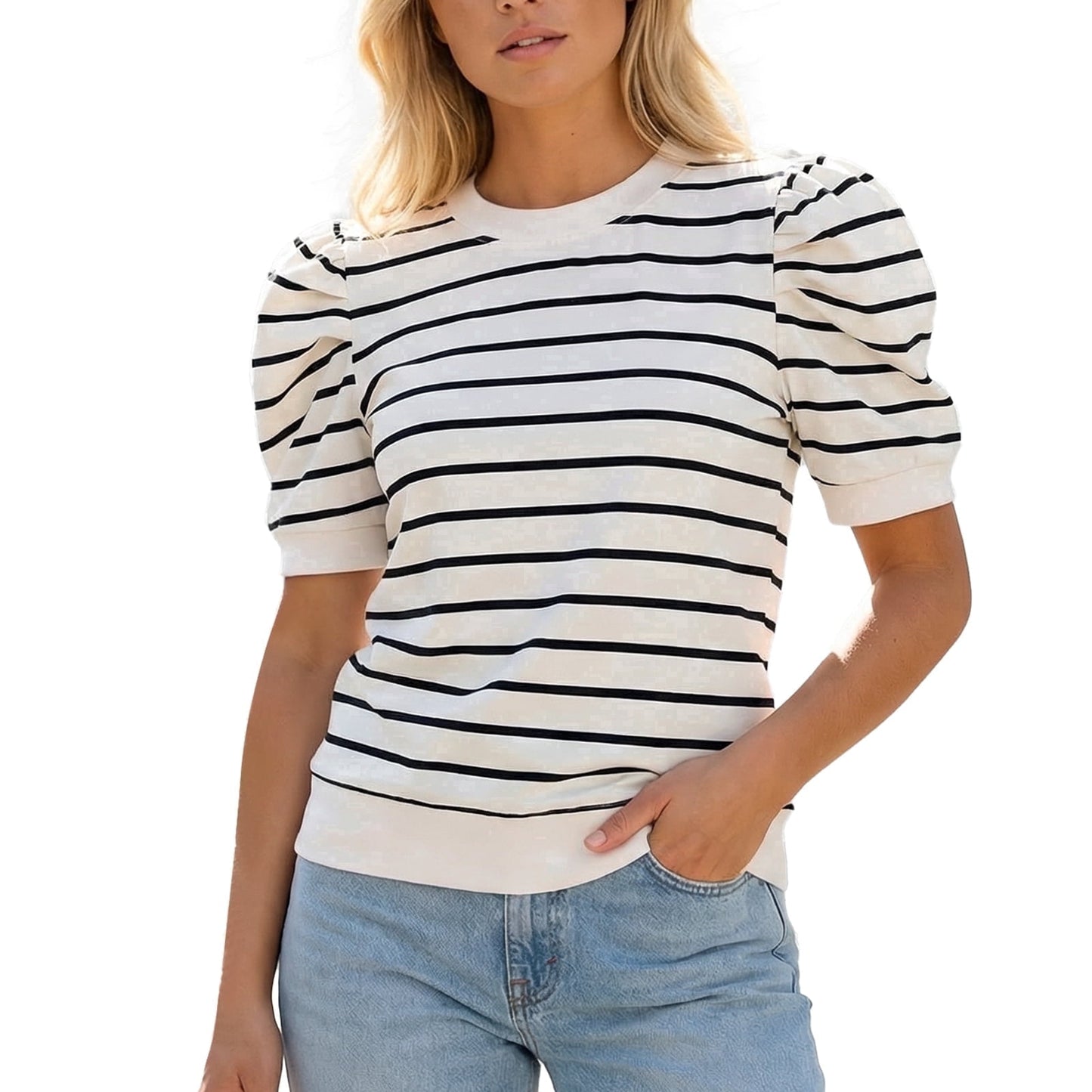 Gingprous Women's Puff Short Sleeve Striped Knit Top Casual Crewneck Blouse for Spring Summer