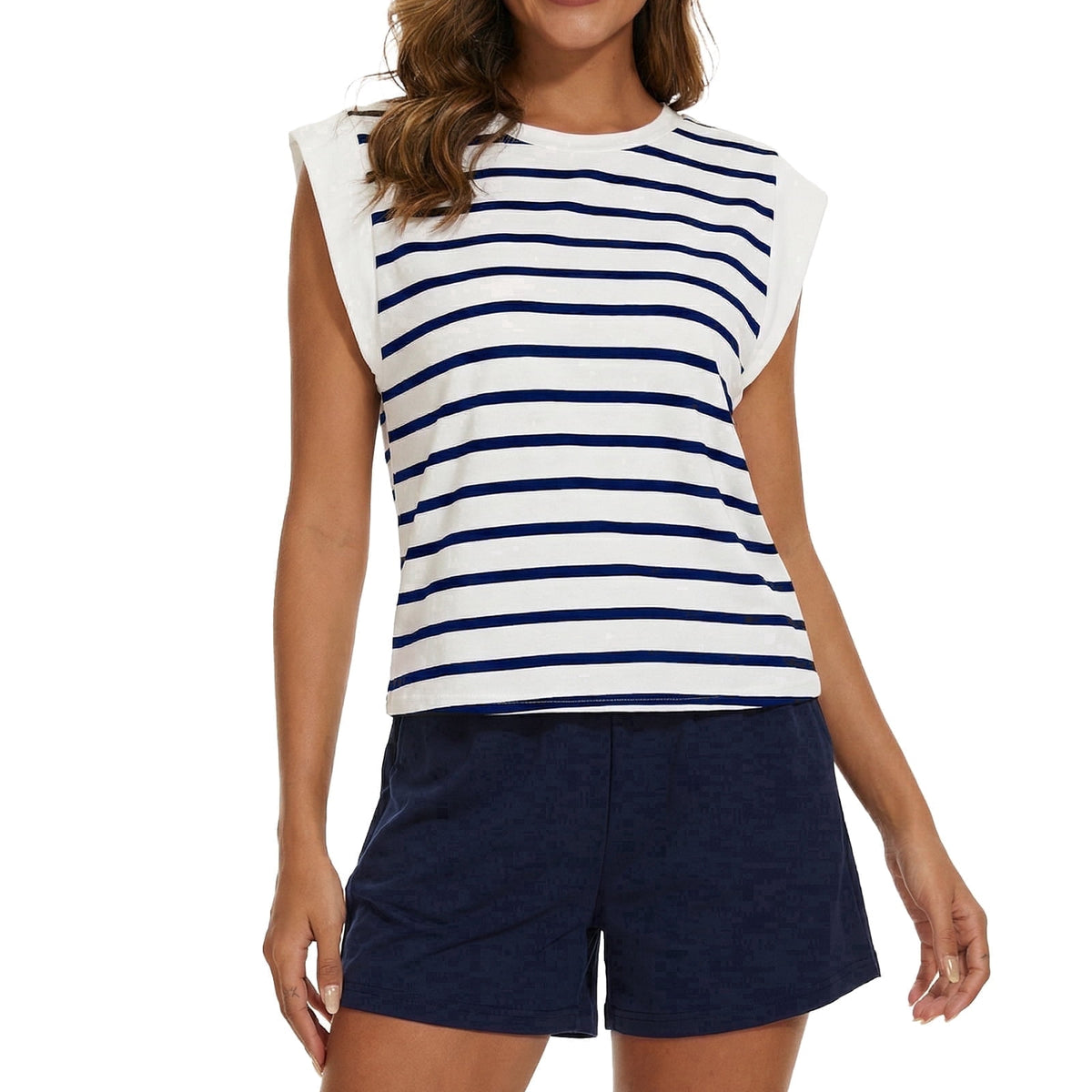 Gingprous Womens 2 Piece Outfits Striped Lounge Set Cap Sleeve Top and Drawstring Shorts Matching Set Spring Summer
