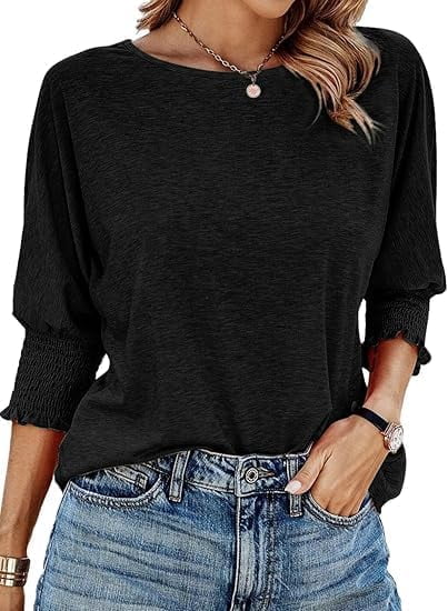 Gingprous 3/4 Sleeve Blouse for Women Smocked Cuffs Tee Tops Loose Casual Tee Shirt