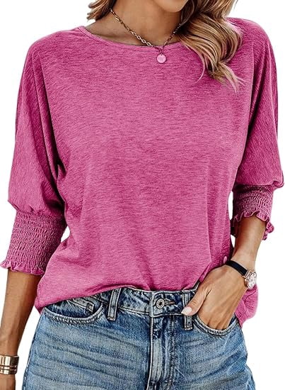Gingprous 3/4 Sleeve Blouse for Women Smocked Cuffs Tee Tops Loose Casual Tee Shirt