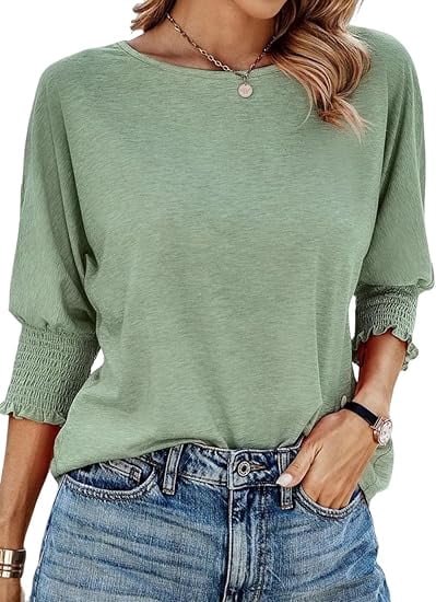 Gingprous 3/4 Sleeve Blouse for Women Smocked Cuffs Tee Tops Loose Casual Tee Shirt