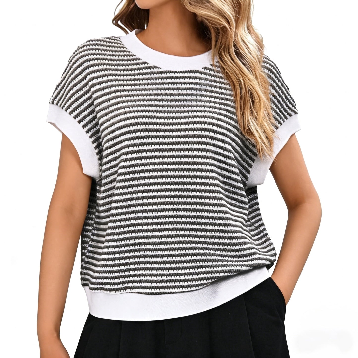 Gingprous Women's Striped Short Sleeve Sweater, Cap Sleeve Crew Neck Knit Top Pullover for Spring Summer