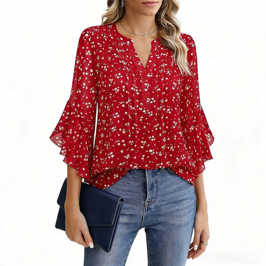Gingprous Women's 3/4 Sleeve Henley Blouse, V Neck Pleated Ruffle Sleeve Dressy Casual Top, Red Polka Dot