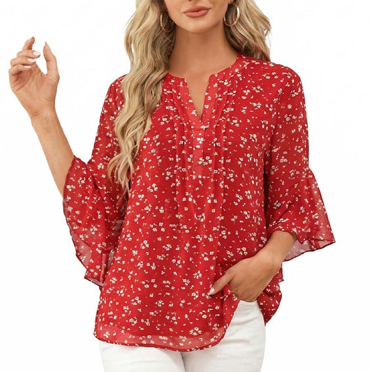 Gingprous Chiffon V-neck Blouse for Women Ruffed 3/4 Sleeve Tops Baggy Casual Business Blouse