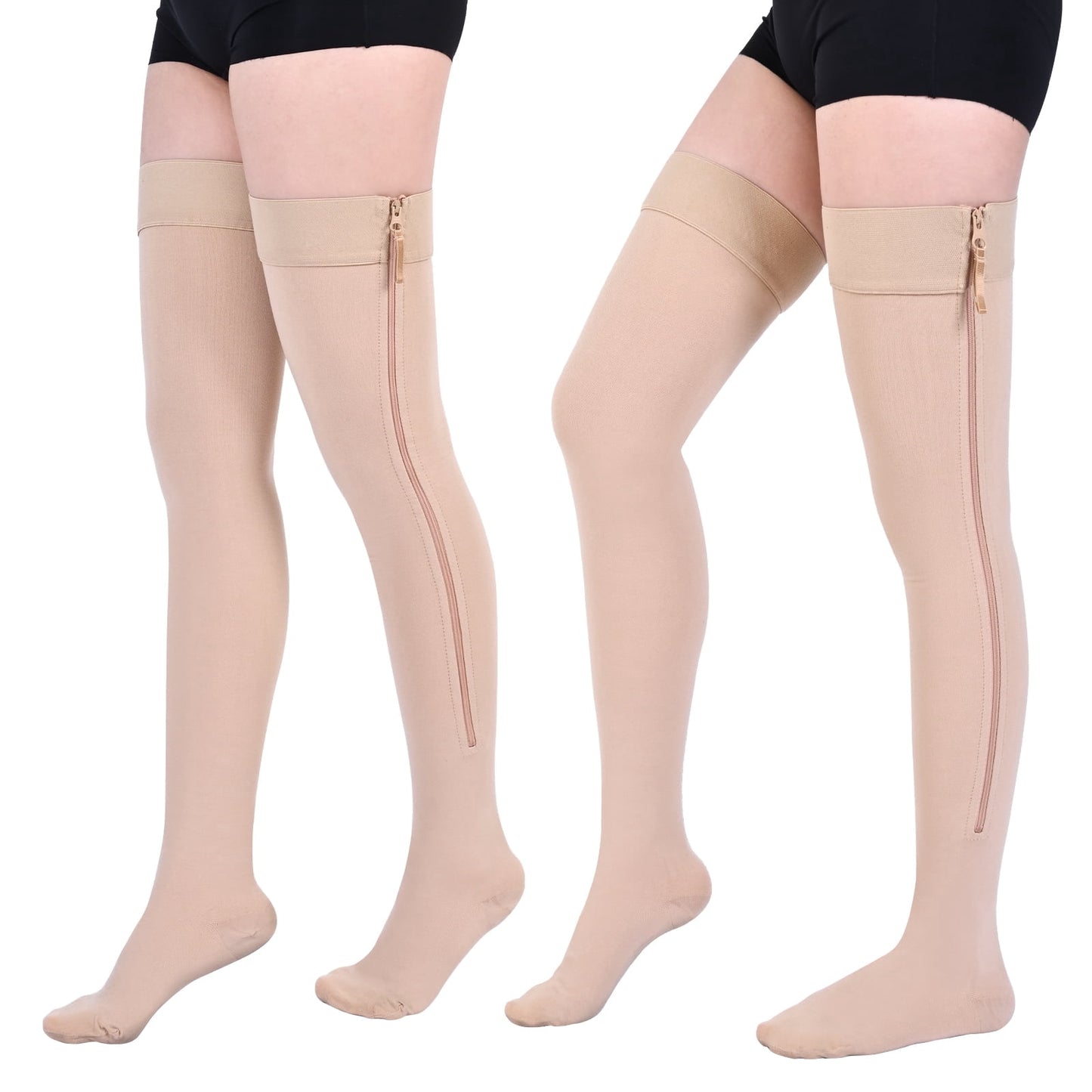MARTINE MALL 2 Pairs Thigh High Zipper Compression Socks 20-30 Mmhg Closed Toe Compression Support Stockings for Pregnancy, Post-surgery, Swelling(Black+Beige)