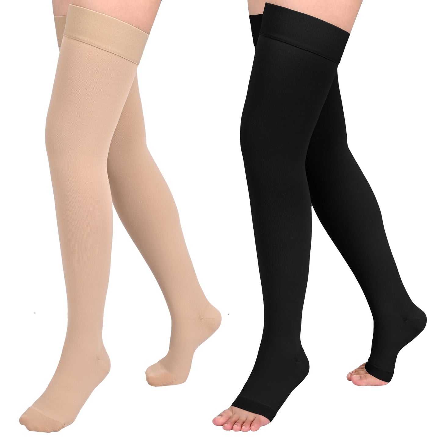 MARTINE MALL 2 Pairs 20-30mmHg Thigh High Compression Stockings for Women, Medical Compression Socks for Pregnant, Teacher, Doctor, Varicose Veins (Beige Open Toe+Black Open Toe)
