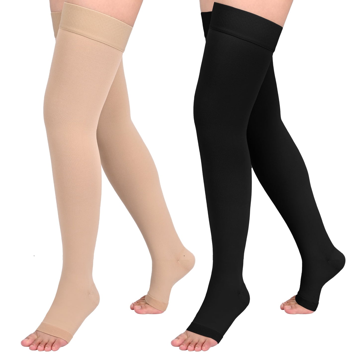 MARTINE MALL 2 Pairs 20-30mmHg Thigh High Compression Stockings for Women, Medical Compression Socks for Pregnant, Teacher, Doctor, Varicose Veins (Beige Open Toe+Black Open Toe)