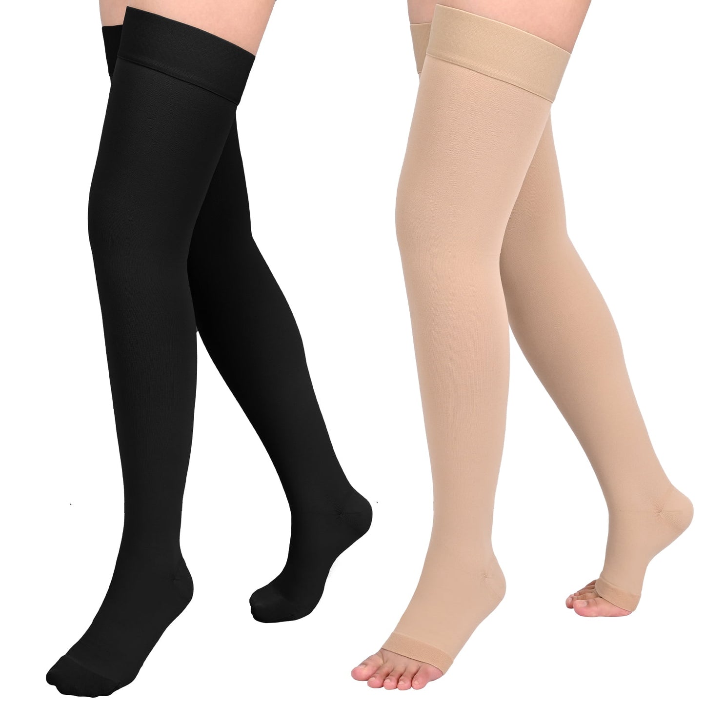 MARTINE MALL 2 Pairs 20-30mmHg Thigh High Compression Stockings for Women, Medical Compression Socks for Pregnant, Teacher, Doctor, Varicose Veins (Beige Open Toe+Black Open Toe)