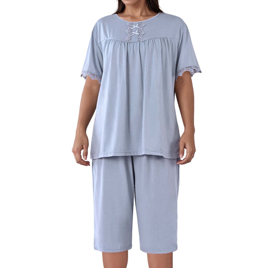 MecTo Womens Pajama Sets Cotton Lace Pj Set Short Sleeve Top with Capri Pants Sleepwear 2 Piece Lounge Set