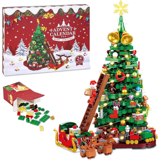 MecTo 2025 Christmas Tree Train Advent Calendar Building Block Set Santa Claus Train & Moose Decorations Countdown Kit, 1011 Pieces