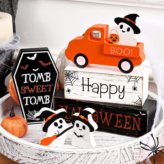 MecTo Halloween Ghost Figurines Farmhouse Halloween Tabletop Village Sets Holiday Trucks Decor Indoor Multicolored Seven-piece