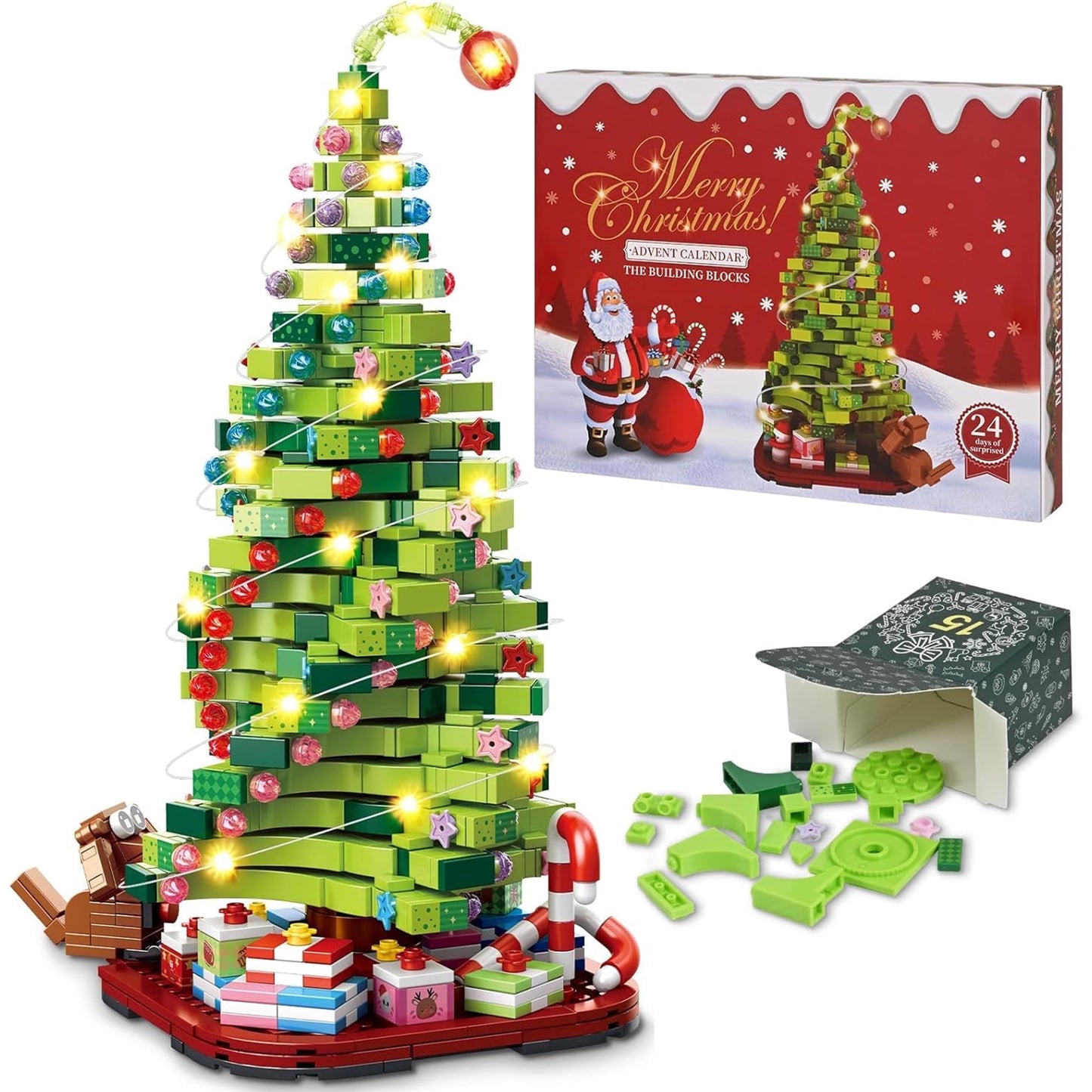 MecTo 2025 Christmas Tree Train Advent Calendar Building Block Set Santa Claus Train & Moose Decorations Countdown Kit, 1011 Pieces