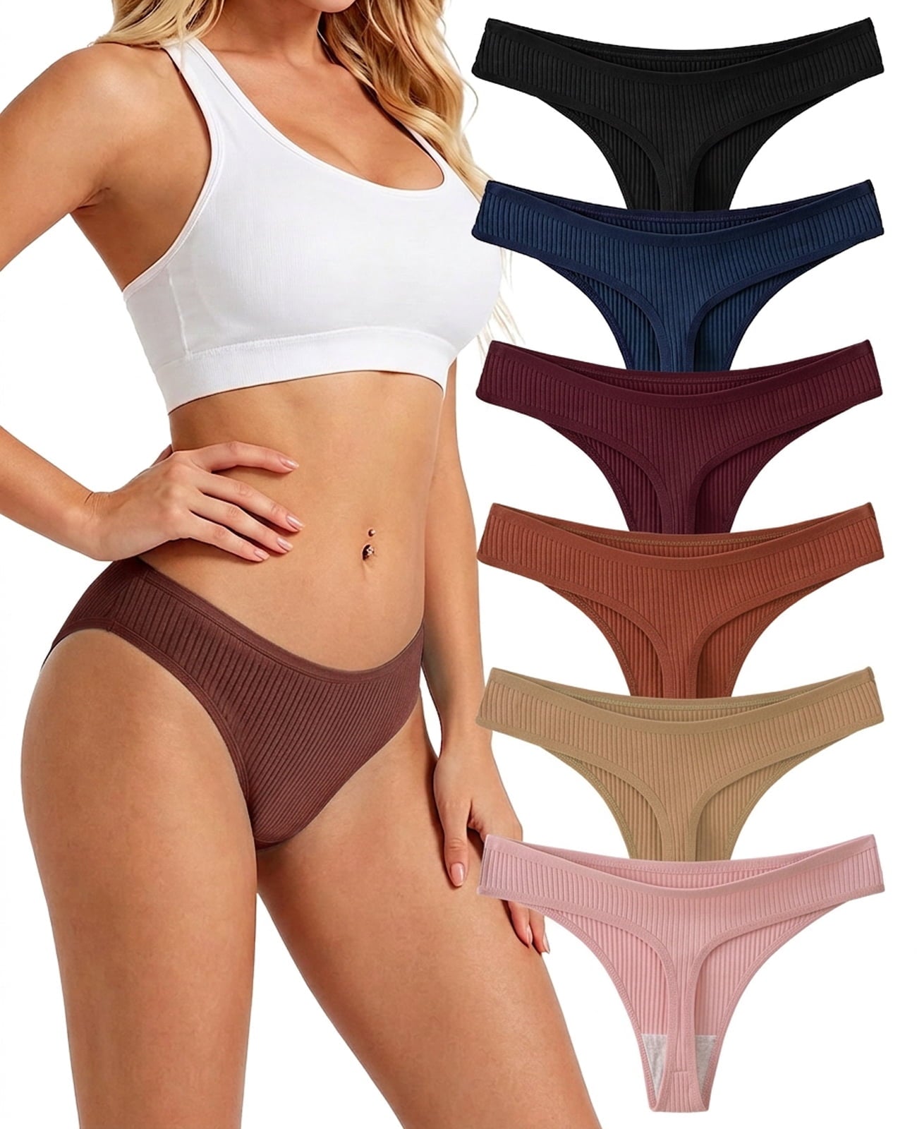 MecTo Cotton Thongs for Women, Womens Thongs Bikini Low Rise Thong Panties, No Show Underwear, 6-Pack