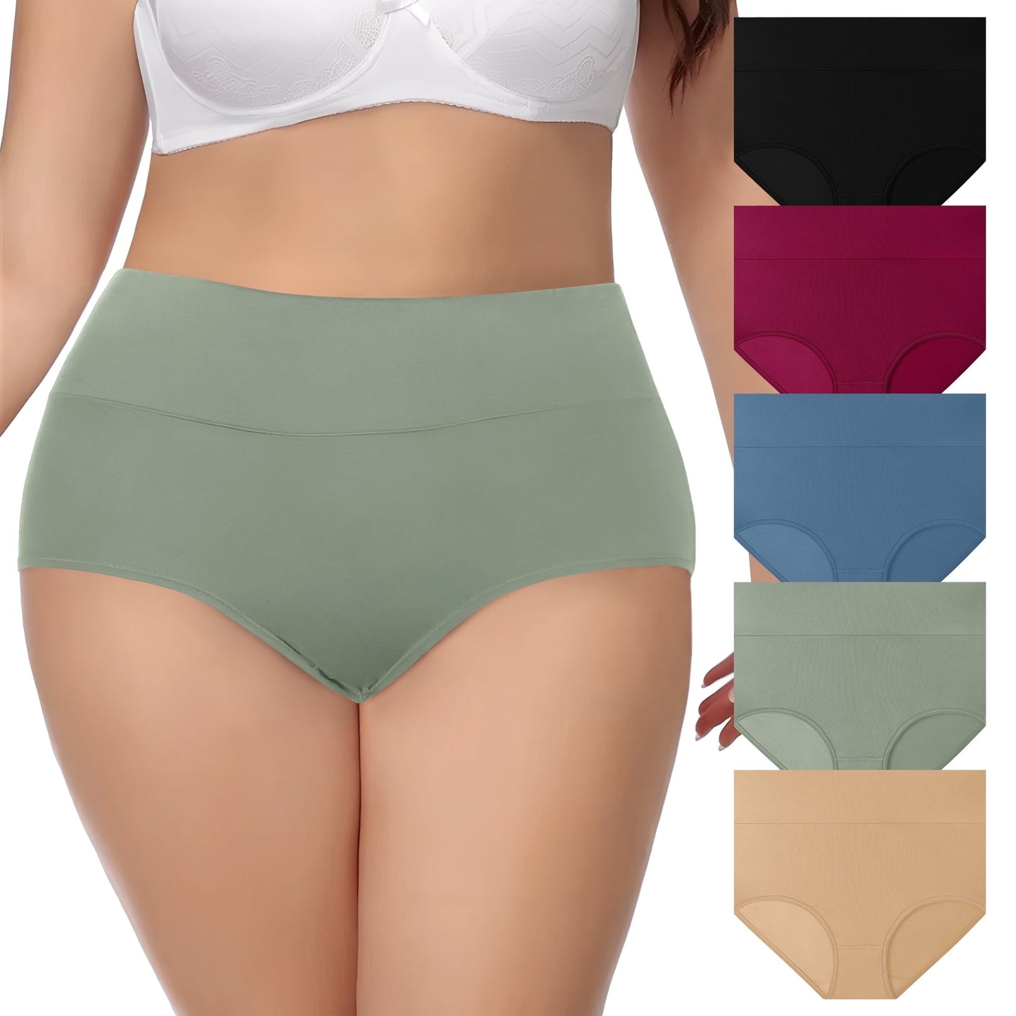 MecTo Underwear for Women Plus Size High Waisted Cotton Panties High Cut Full Coverage Cotton Briefs Breathable, Black 5-Pack