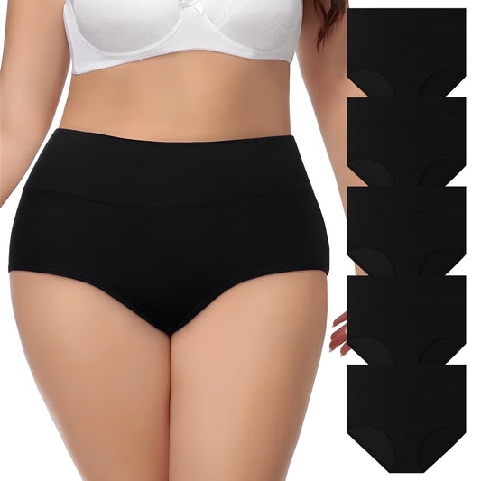 MecTo Underwear for Women Plus Size High Waisted Cotton Panties High Cut Full Coverage Cotton Briefs Breathable, Black 5-Pack