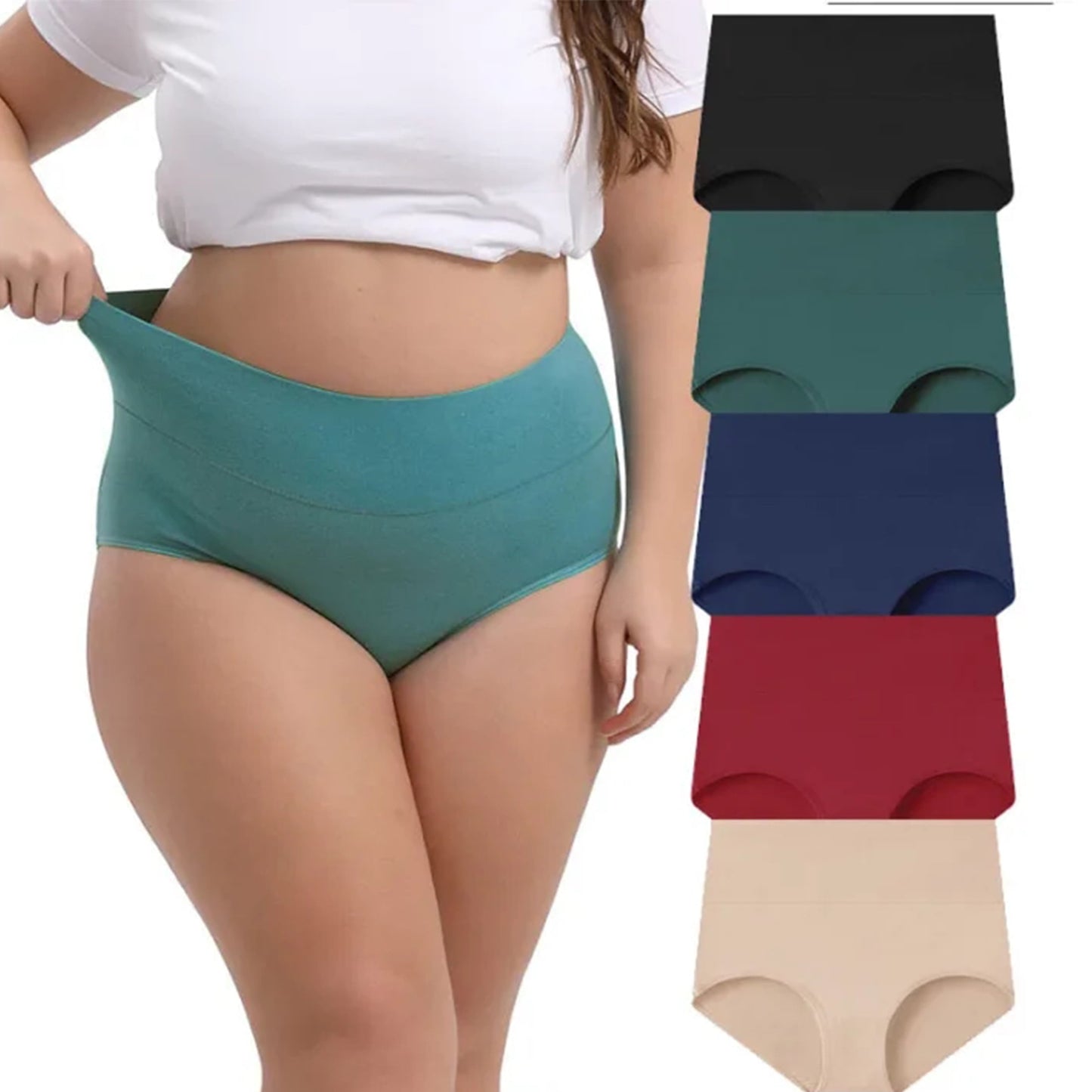 MecTo Women's Cotton Panties Underwear Plus Size Briefs High Waisted High Cut Full Coverage, Black 5-Pack