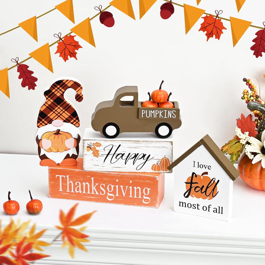 MecTo Thanksgiving Fall Truck Pumpkin Gnome Block Mantle Wooden Tabletop Farmhouse Decorations for Tiered Tray, Mantle, Desk, Bookshelf, Autumn Decor