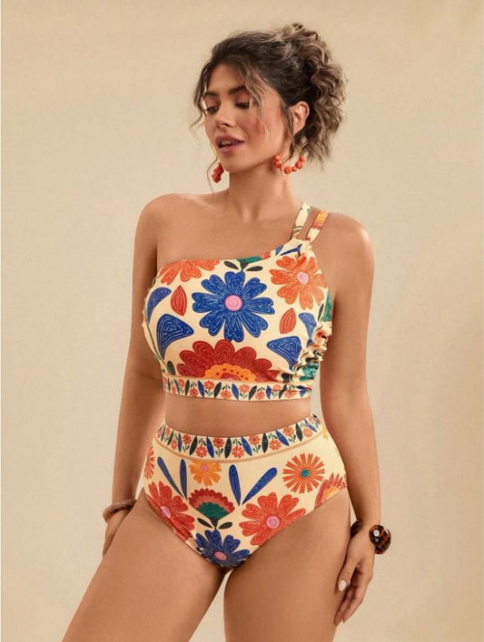 MecTo Plus Size Tropical Flower Print Bathing Suit, Asymmetric Neck & Hollow-Out Details,Tummy Control Swimsuits for Women