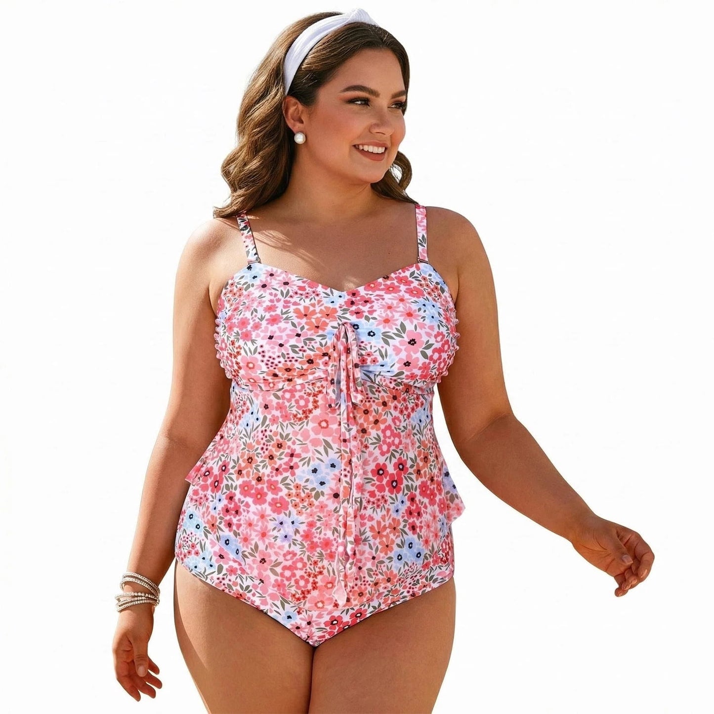 MecTo Plus Size Bathing Suit for Women 2 Piece Flower Bikini Swimsuit High Waisted Tummy Control Tankini Set Swimwear