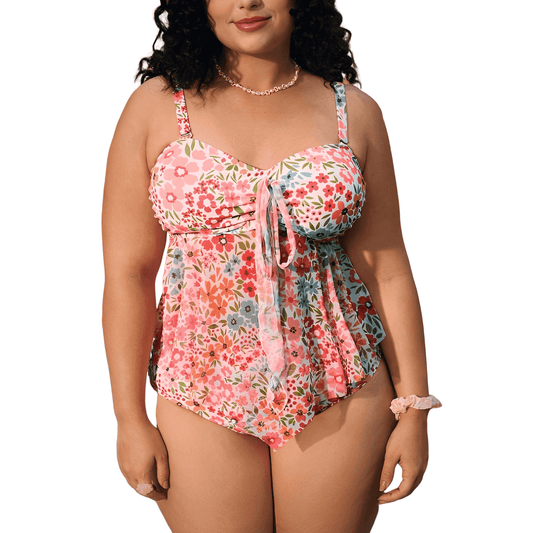 MecTo Plus Size Women’s Ditsy Floral Bikini Set – Boho Mesh Skirt Swimwear (Multicolor)