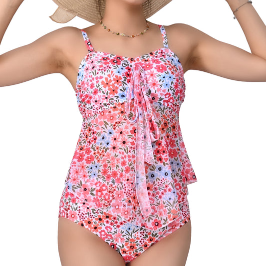 MecTo Swimsuit for Women 2 Piece Bathing Suit High Waisted Tummy Control Flower Prints Skirt Bikini Tankini Set Swimwear
