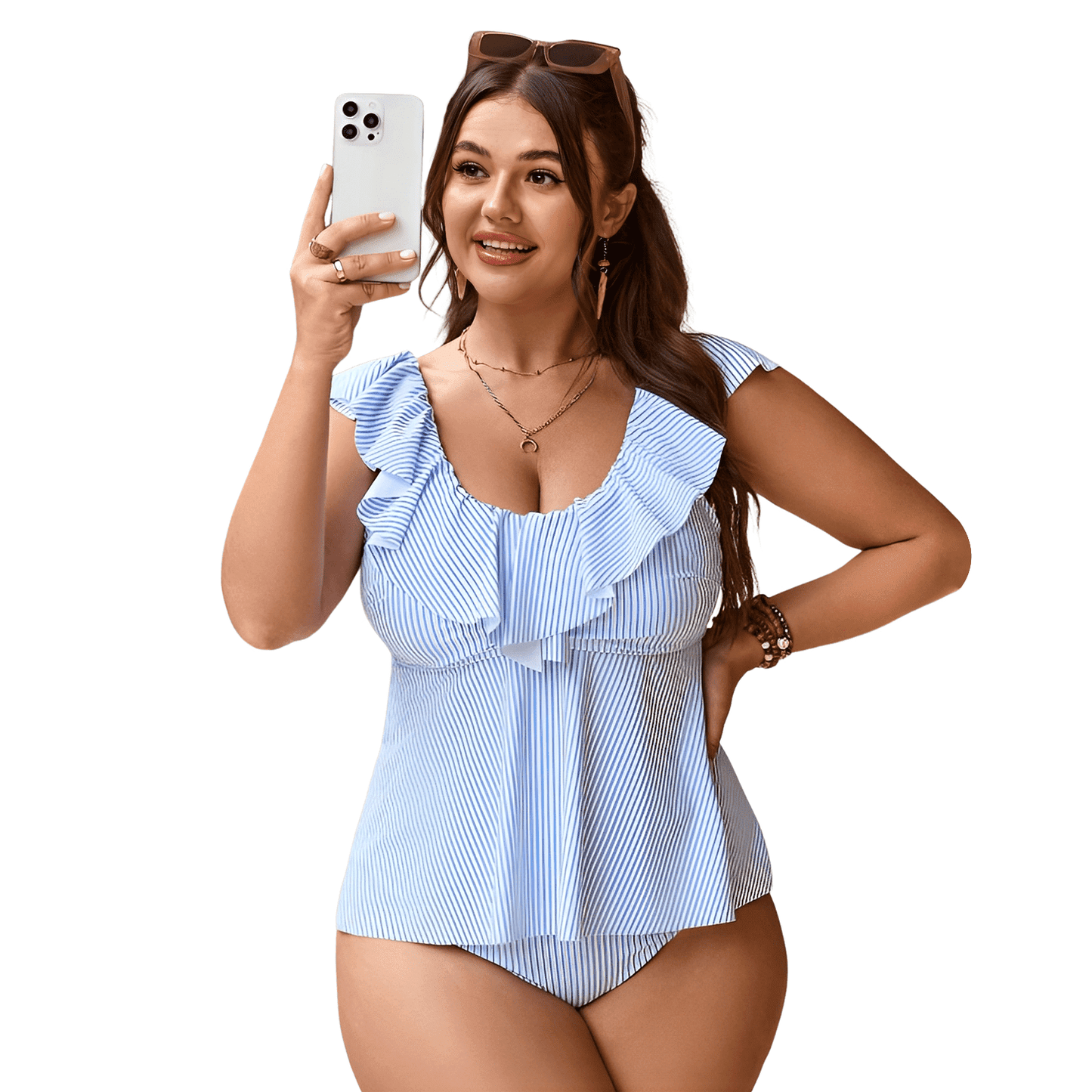 MecTo Swim Curve Plus Size Women 2-Piece Striped Tankini Set - High Waist Ruffle Hem Swimwear (Blue)