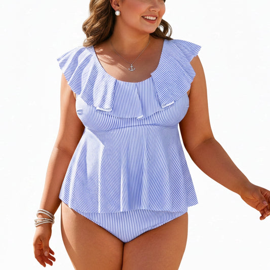MecTo Tankini Swimsuits for Women Plus Size 2 Piece Swimsuit, Striped Ruffle Bikini Bathing Suit Swimwear