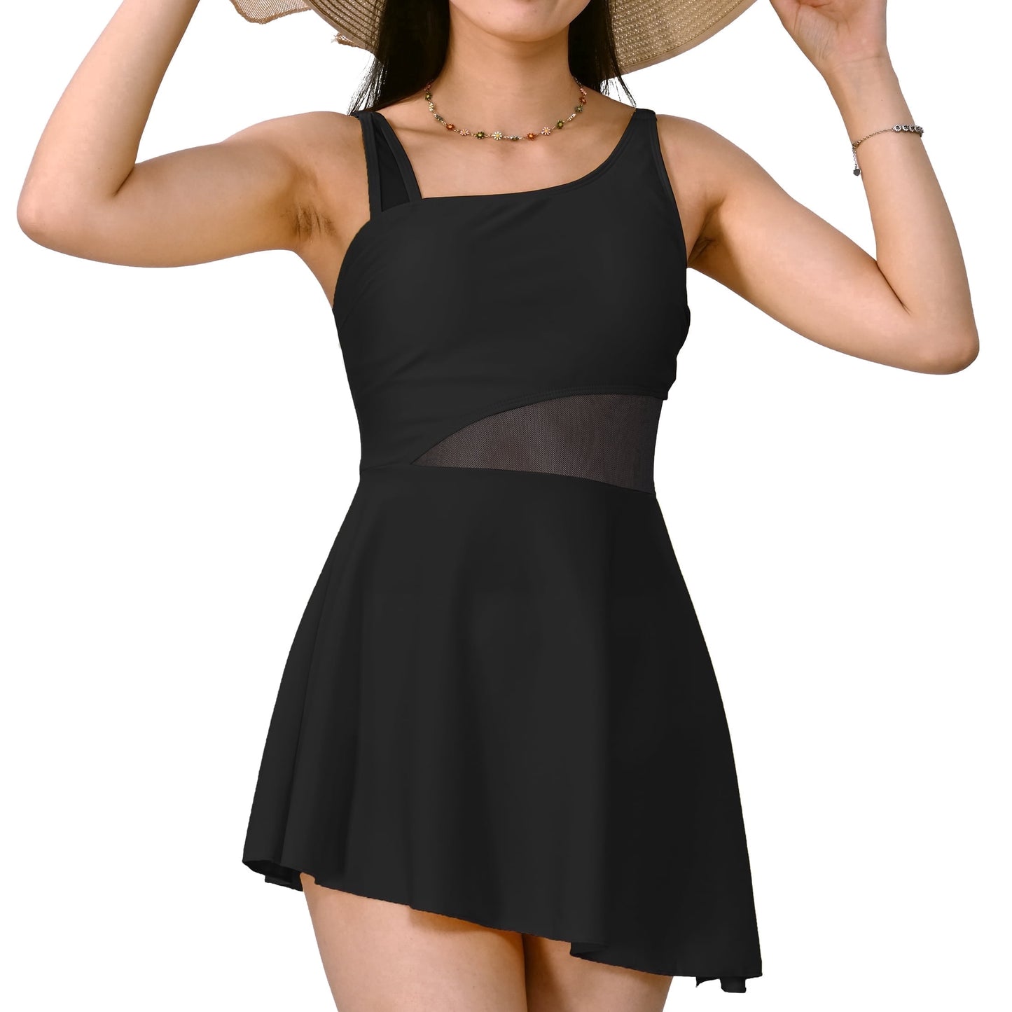 MecTo Women’s Swimsuit Dress with Tummy Control & Tie-Knot Skirt – Two-Piece Slimming Bathing Suit, Mesh Patchwork Design, Full Coverage, Set of 2 (S-XL)