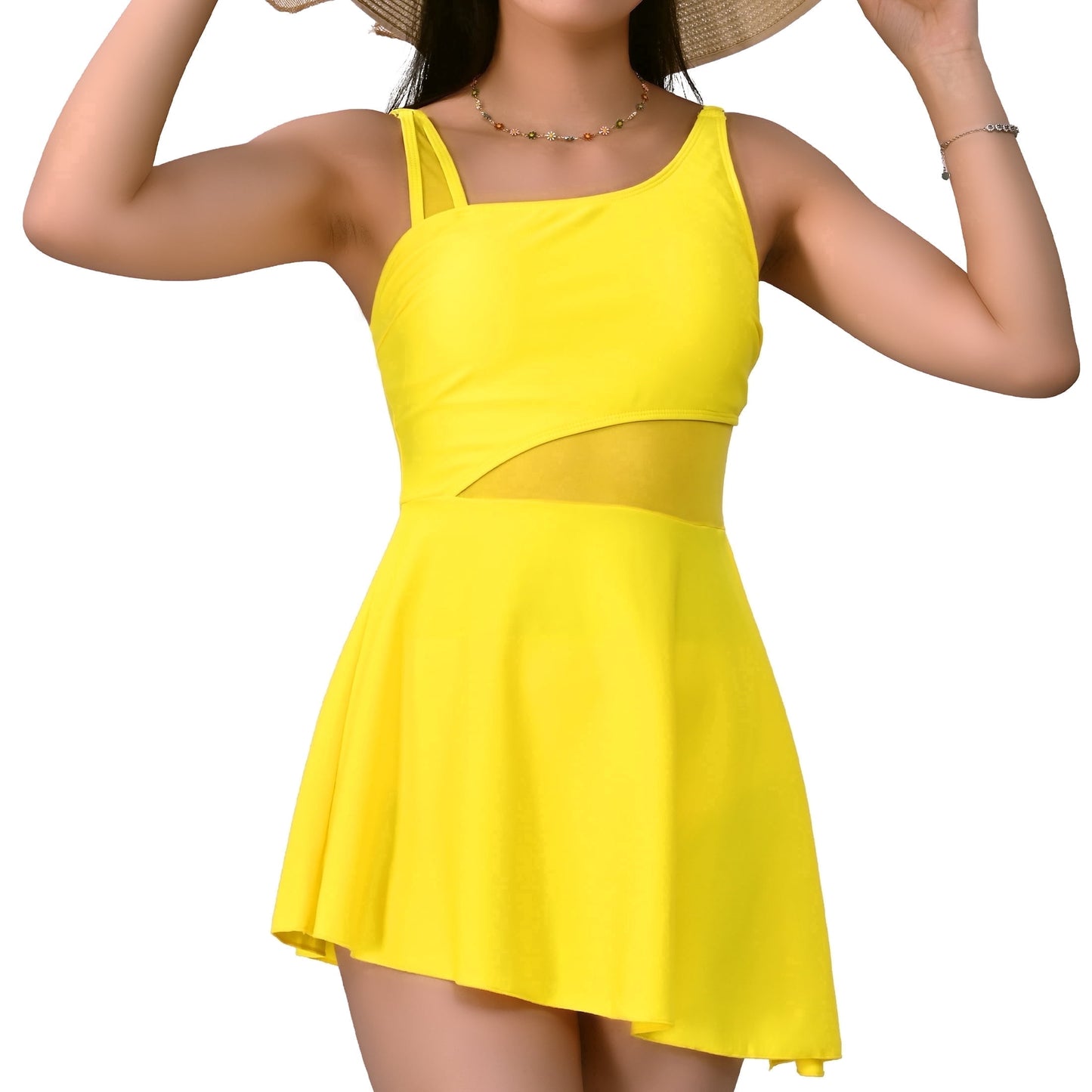 MecTo Women’s Swimsuit Dress with Tummy Control & Tie-Knot Skirt – Two-Piece Slimming Bathing Suit, Mesh Patchwork Design, Full Coverage, Set of 2 (S-XL)