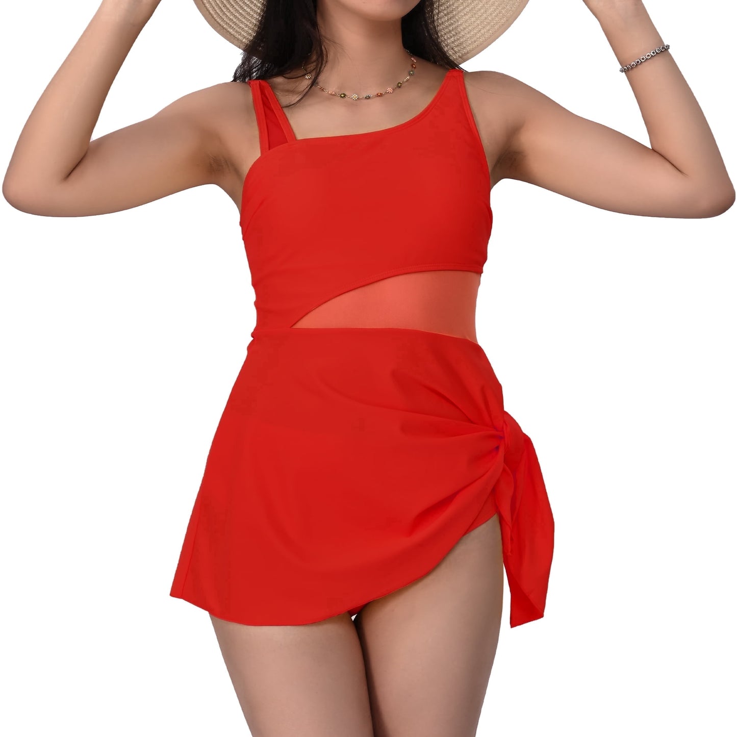 MecTo Women’s Swimsuit Dress with Tummy Control & Tie-Knot Skirt – Two-Piece Slimming Bathing Suit, Mesh Patchwork Design, Full Coverage, Set of 2 (S-XL)
