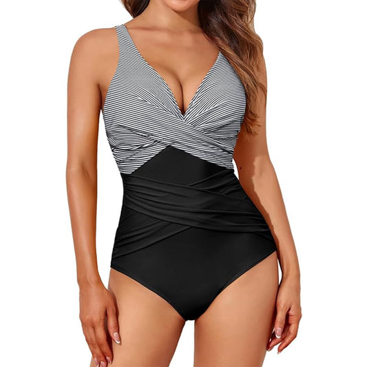 MecTo Tummy Control Swimsuits for Women Slimming One Piece Bathing Suit Retro Ruched Push Up Vintage Padded Swimwear