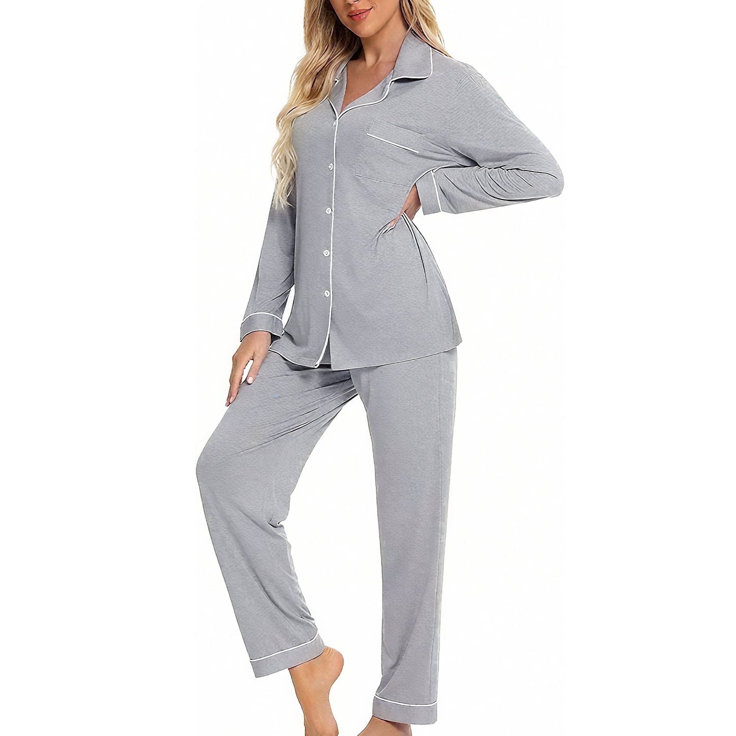 Mecto Women's V-Neck Long Sleeve Pajama Set 2-Piece Soft Regular Fit Sleepwear Casual Loungewear Comfort Nightwear PJ Set