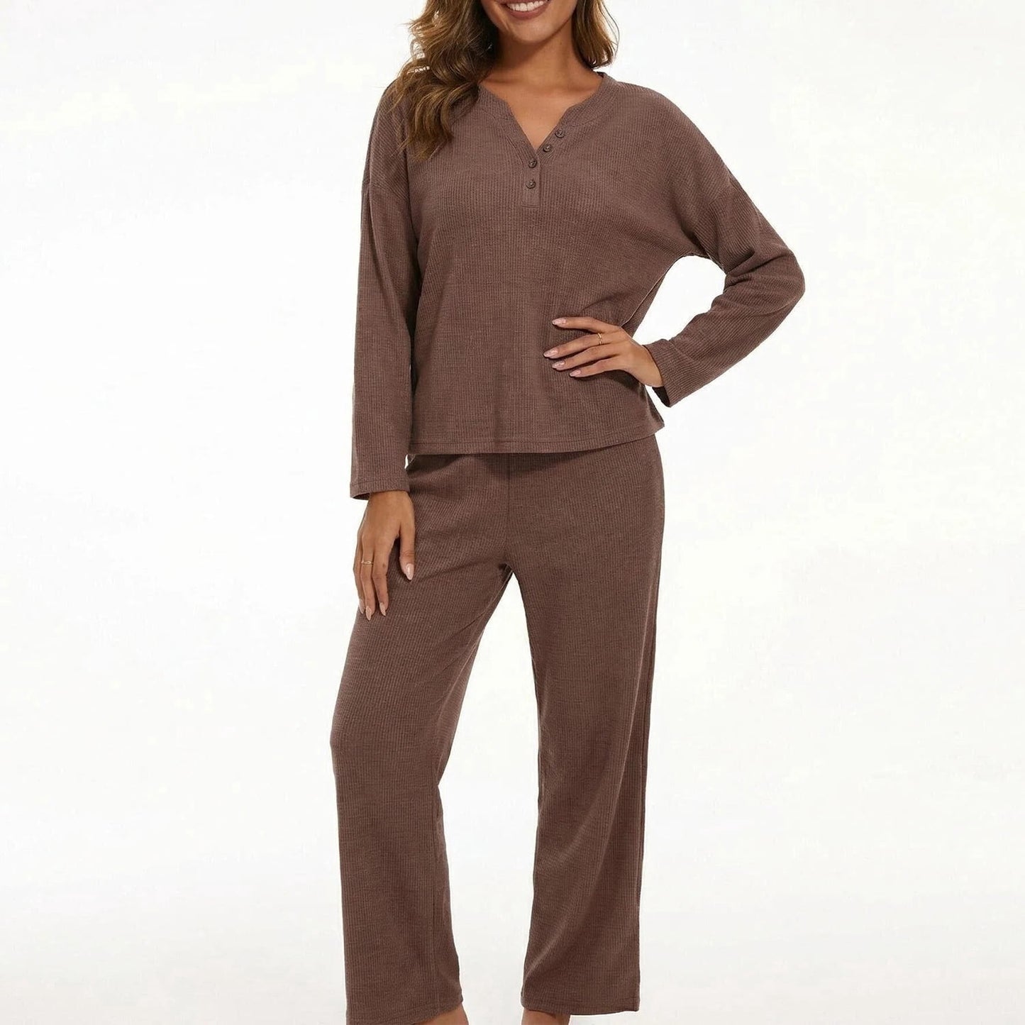 Mecto Women's V-Neck Long Sleeve Pajama Set 2-Piece Soft Regular Fit Sleepwear Casual Loungewear Comfort Nightwear PJ Set