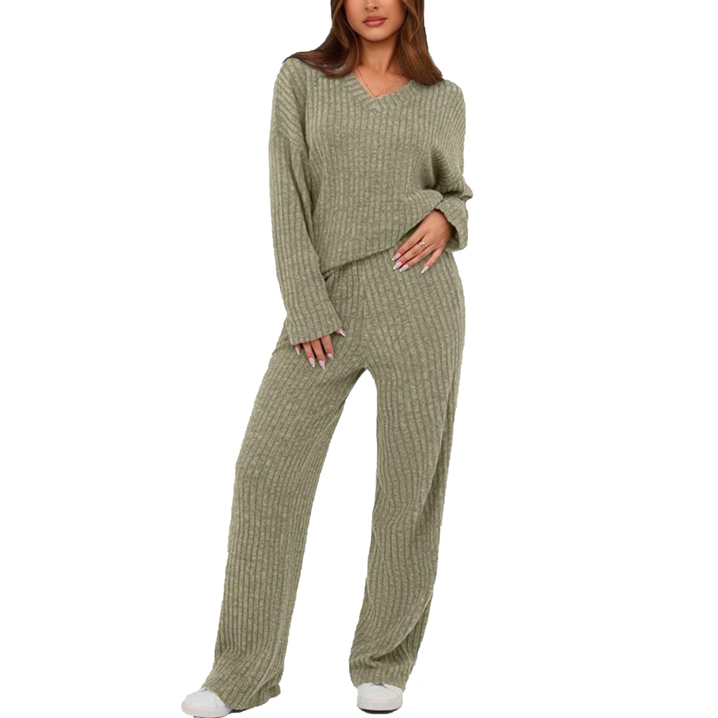 MecTo Womens Pajamas Sets V-neck Long Sleeves Top and Long Pants With Pockets Two Pieces Lounge Sets Fall Oufits