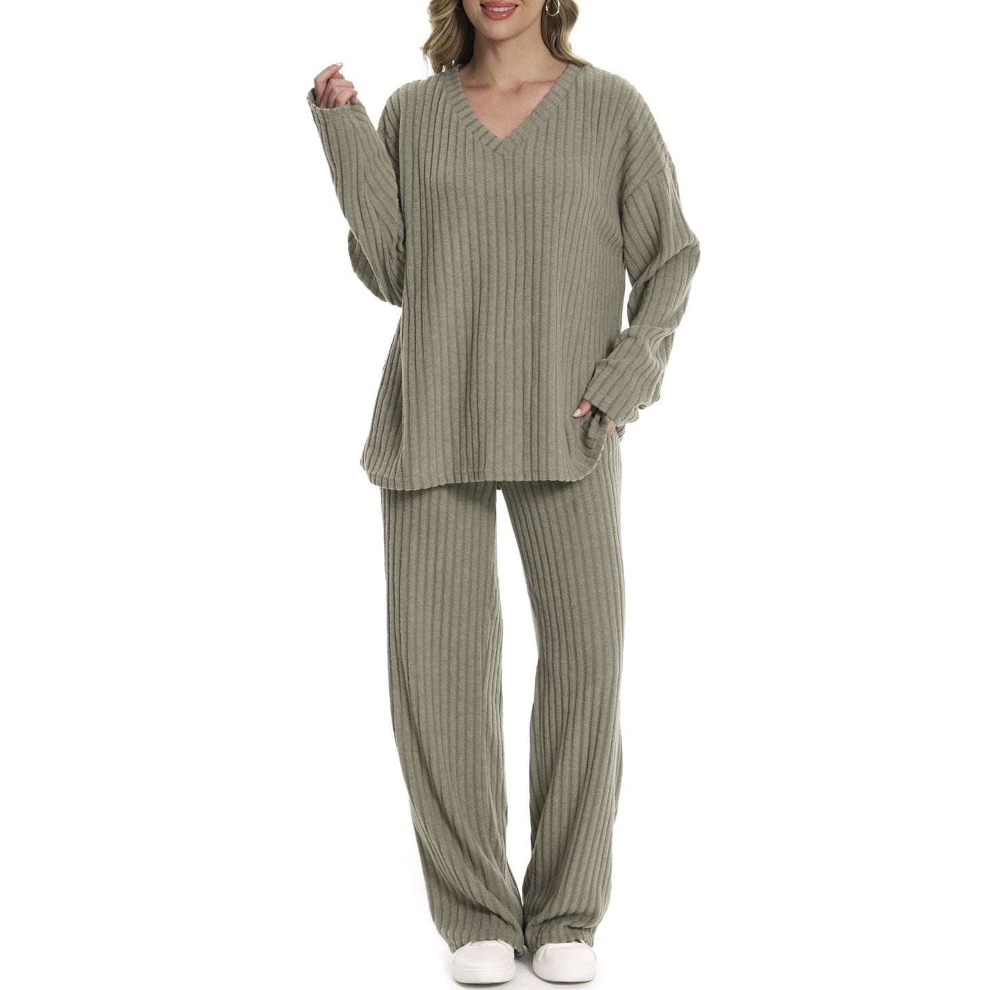MecTo Two Piece Sets for Women Fall Outfits Fashion Casual Sets Striped Top and Long Pants Lounge Outfits