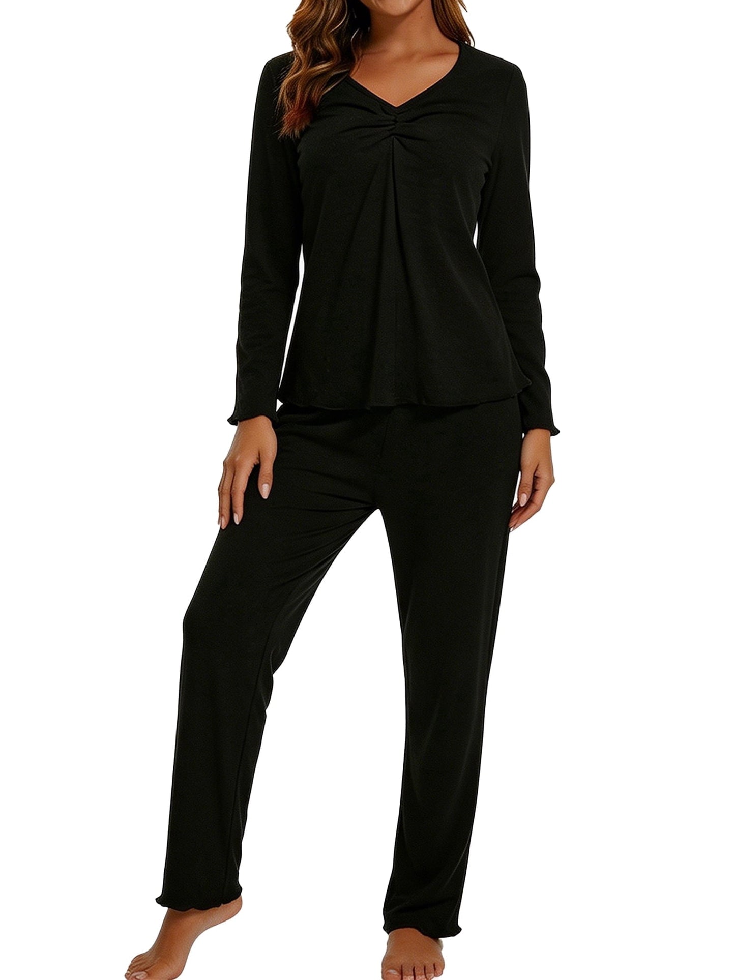 Mecto Women's V-Neck Long Sleeve Pajama Set 2-Piece Soft Regular Fit Sleepwear Casual Loungewear Comfort Nightwear PJ Set