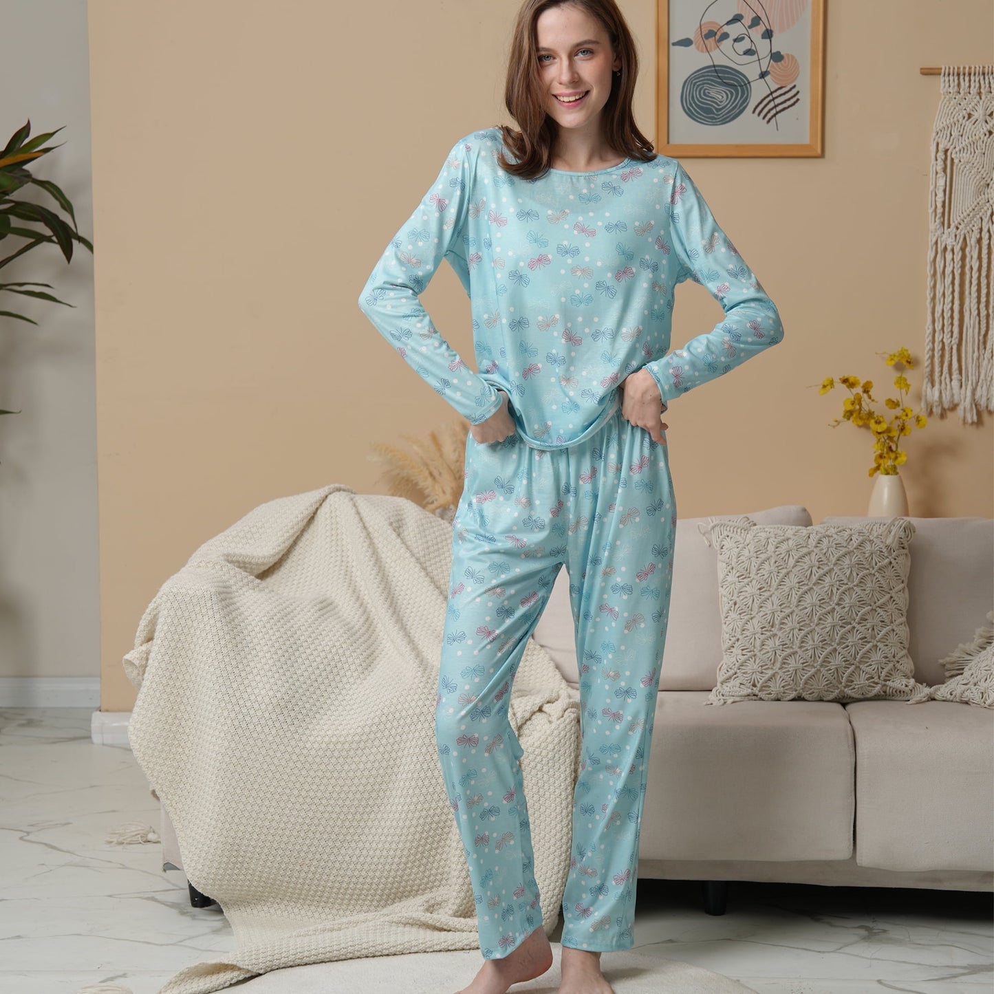 MecTo Women Pajamas Sets Cotton Pj Set Long Sleeve Top with Long Pants Sleepwear 2 Piece Lounge Set