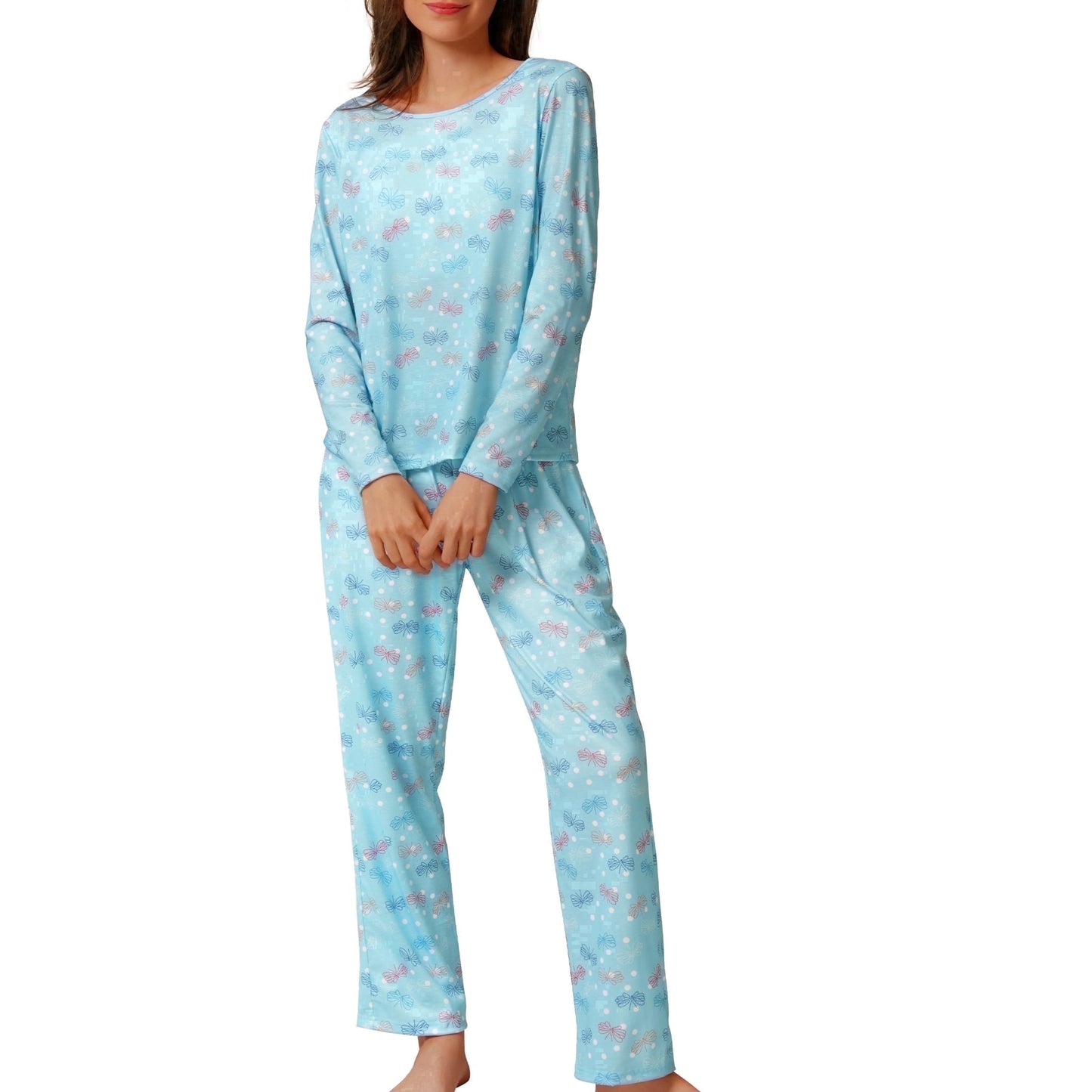 Mecto Women's V-Neck Long Sleeve Pajama Set 2-Piece Soft Regular Fit Sleepwear Casual Loungewear Comfort Nightwear PJ Set