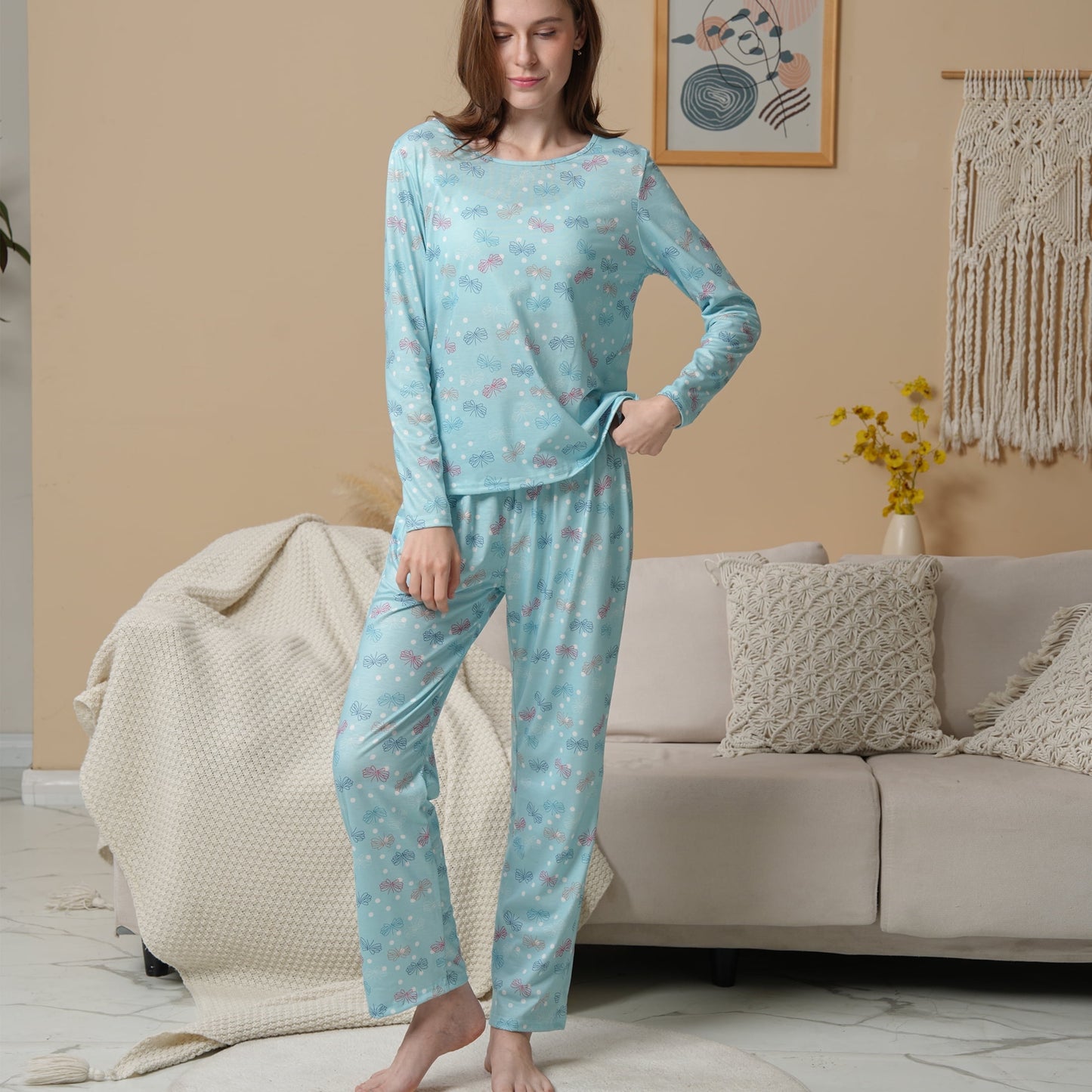 MecTo Women Pajamas Sets Cotton Pj Set Long Sleeve Top with Long Pants Sleepwear 2 Piece Lounge Set