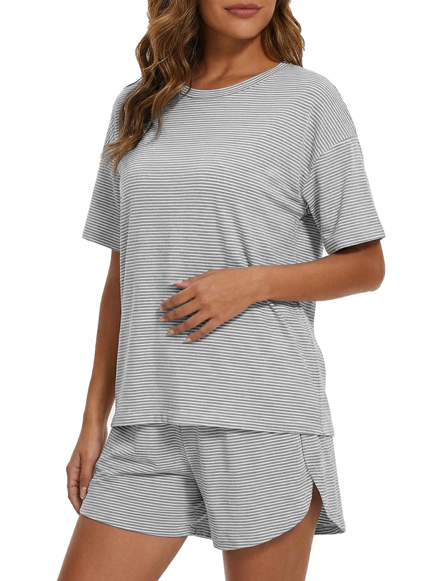 MecTo Women's Classic Striped Pajama Set - Short Sleeve Round-Neck Sleepwear with Side-Slit Shorts