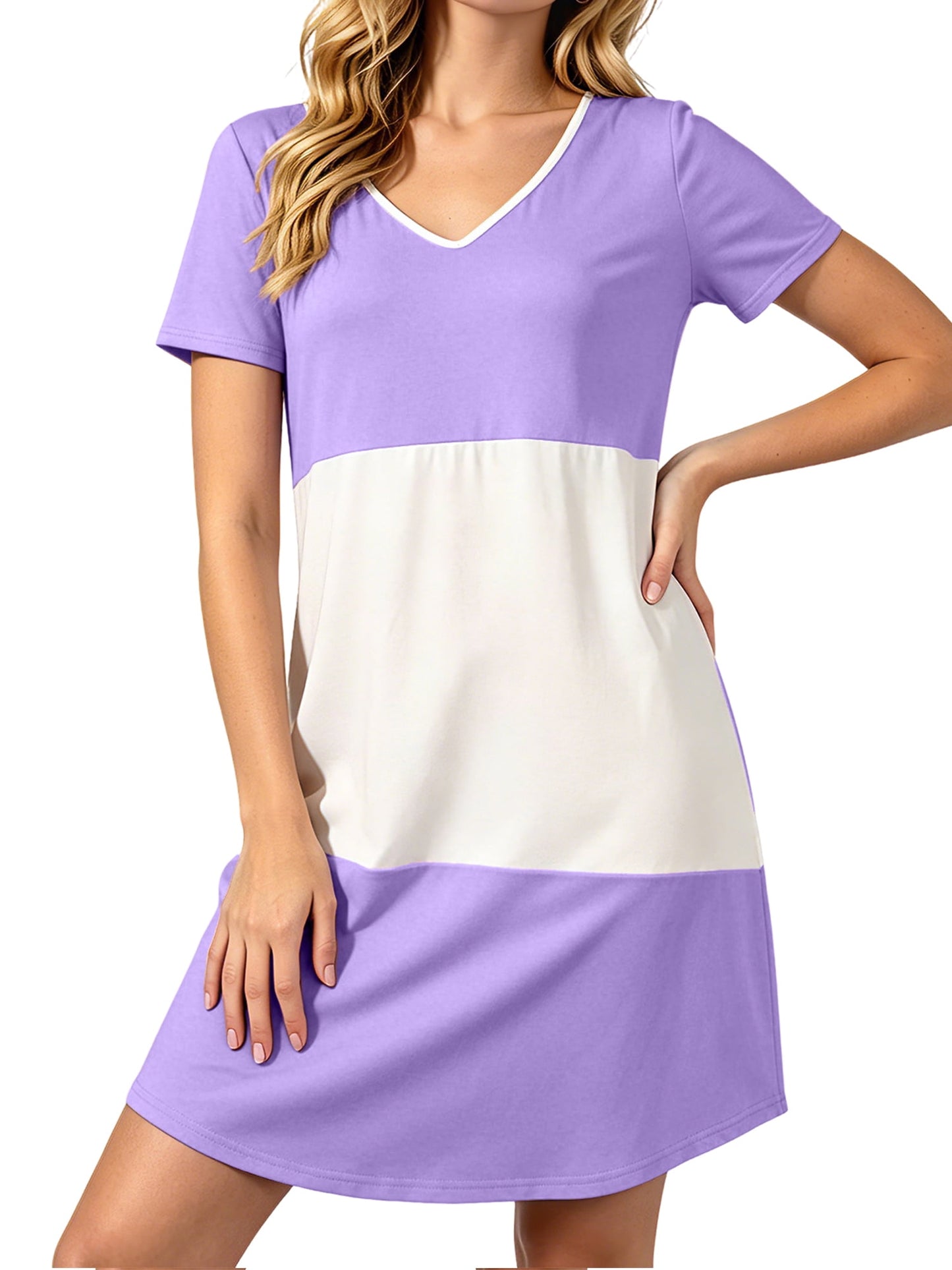 MecTo Women's Nightgown Cotton Blend Stretchy Loose Short Sleeve V-Neck Color Block Sleepwear