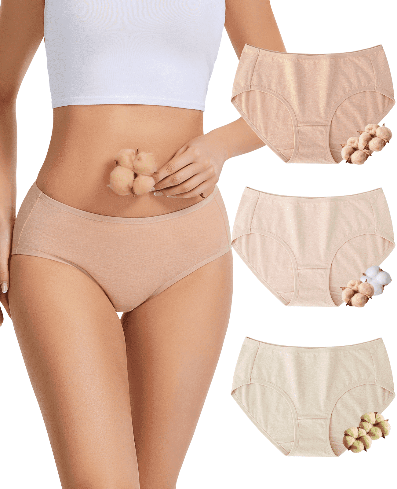 MecTo Natural Colored Cotton Underwear for Women, 3-Pack Dye-Free Skin-Friendly Briefs Breathable Ladies Panties