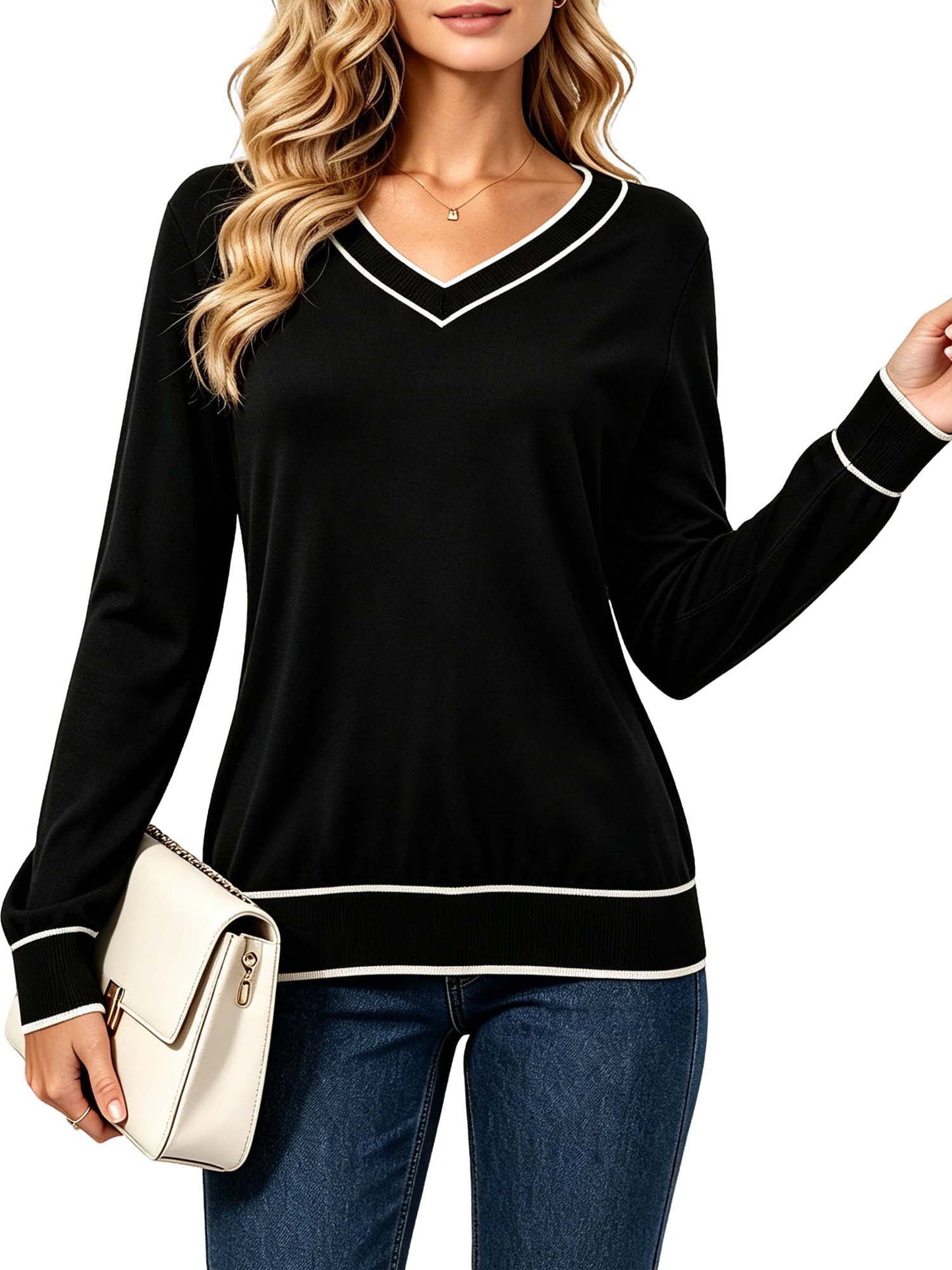 MecTo Women's Knit Top, V Neck Polka Dot Lightweight Sweater Long Sleeve Pullover for Fall Layering, Beige M