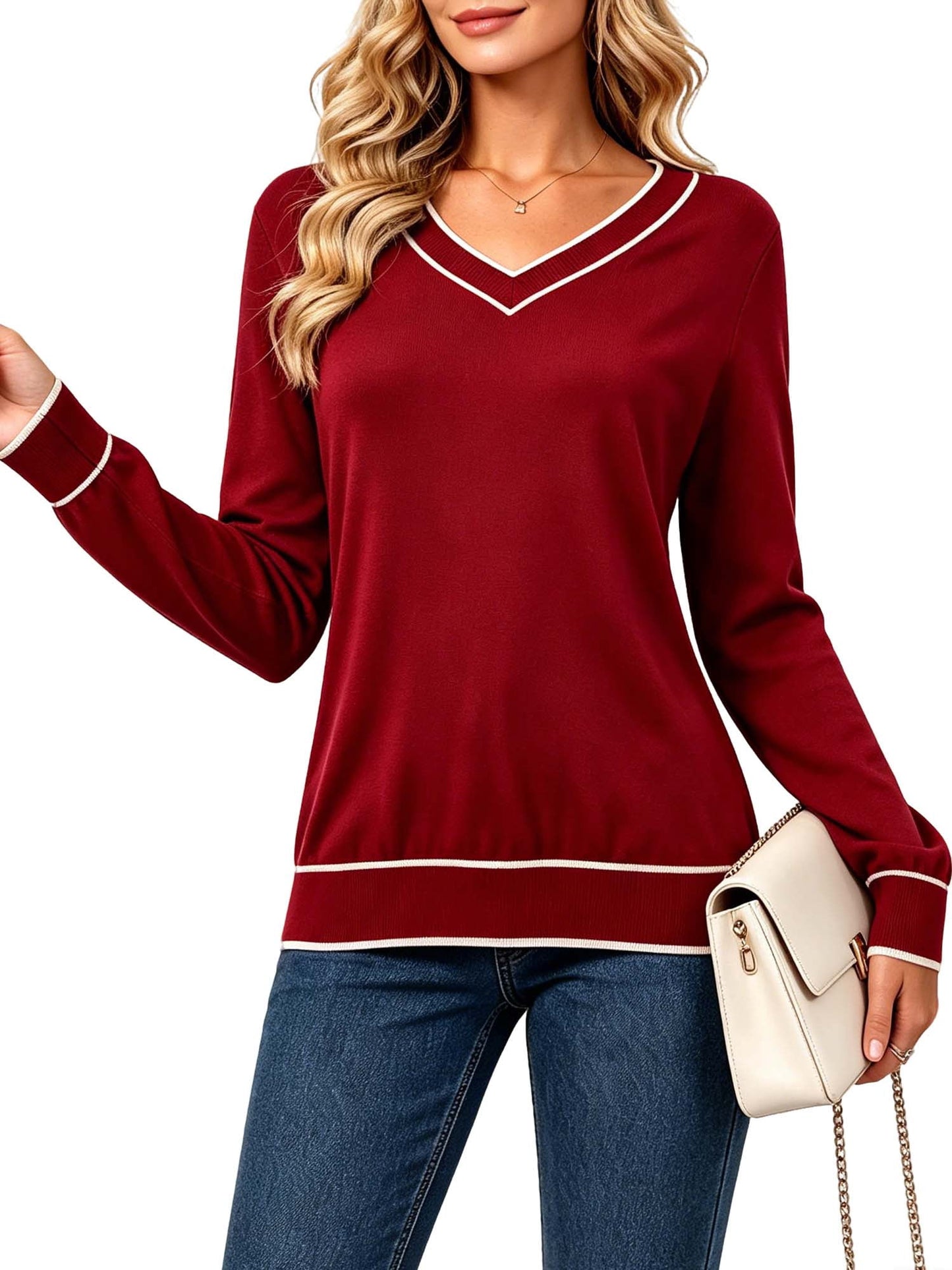 MecTo Women's Knit Top, V Neck Polka Dot Lightweight Sweater Long Sleeve Pullover for Fall Layering, Beige M