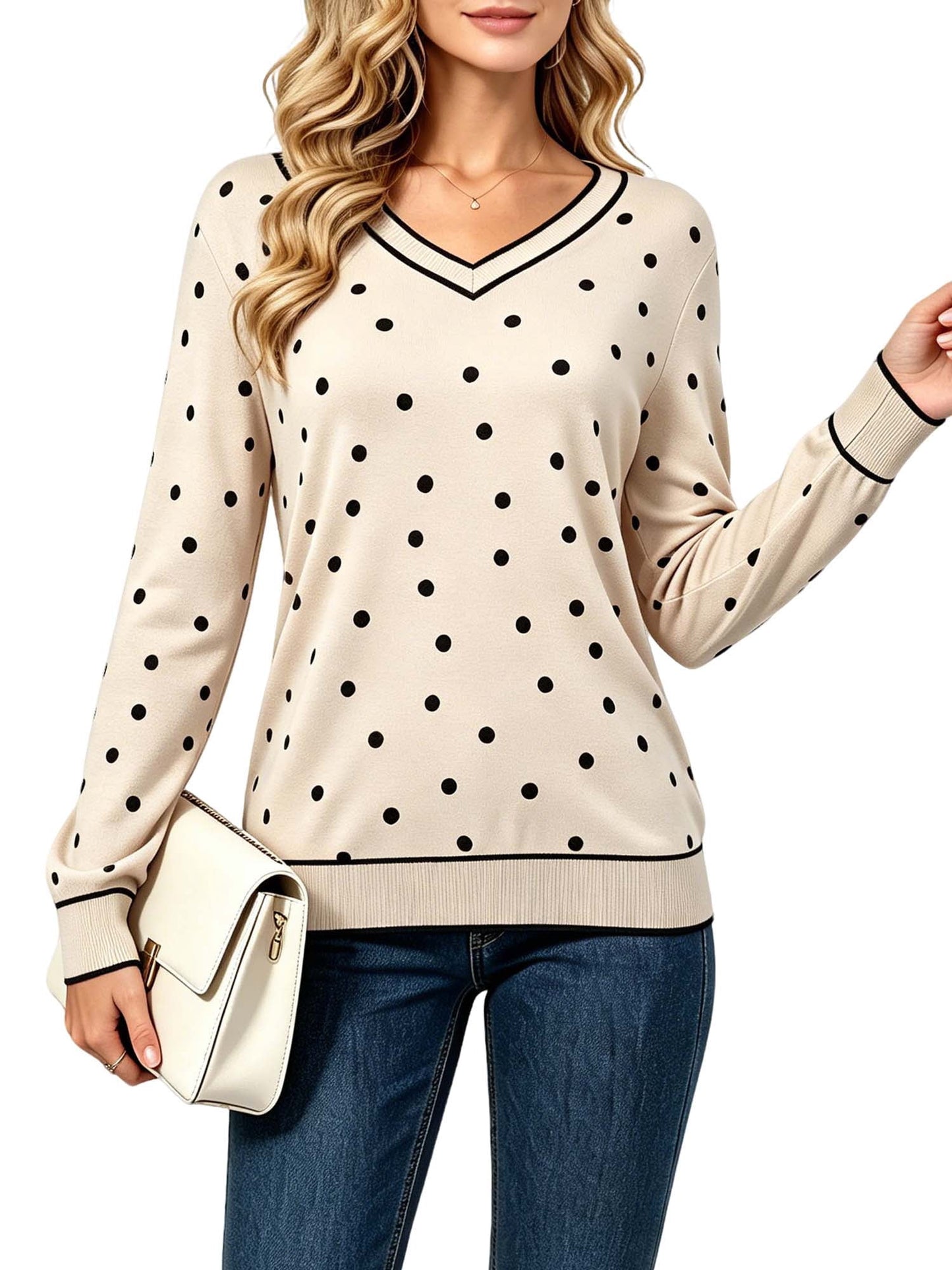 MecTo Women's Knit Top, V Neck Polka Dot Lightweight Sweater Long Sleeve Pullover for Fall Layering, Beige M