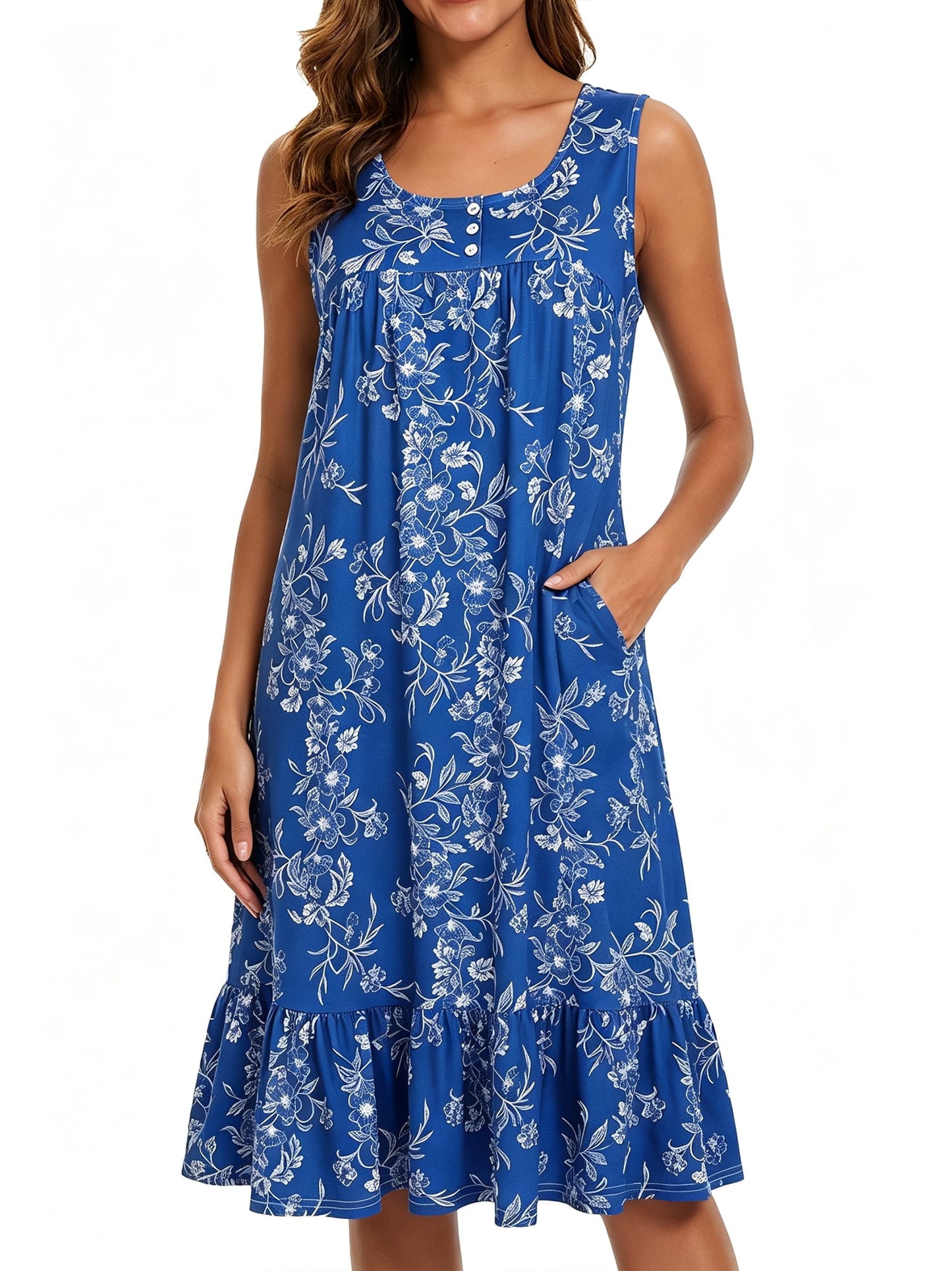 MecTo Women's Cotton Sleeveless, with Pocket, Ruffled Hem, Loose, Muumuu Nightgown